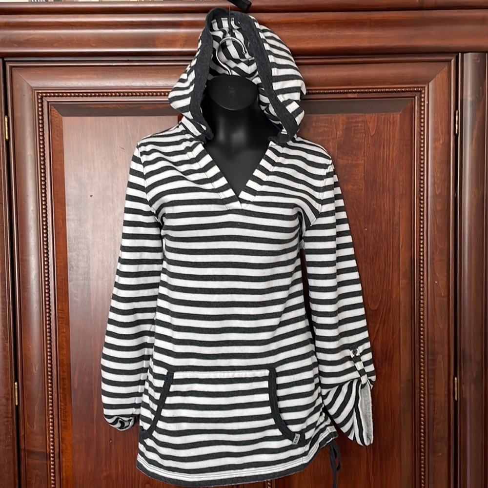 MNY striped fleece hoodie kangaroo pouch adj sleeve & length V Neck Sz S
